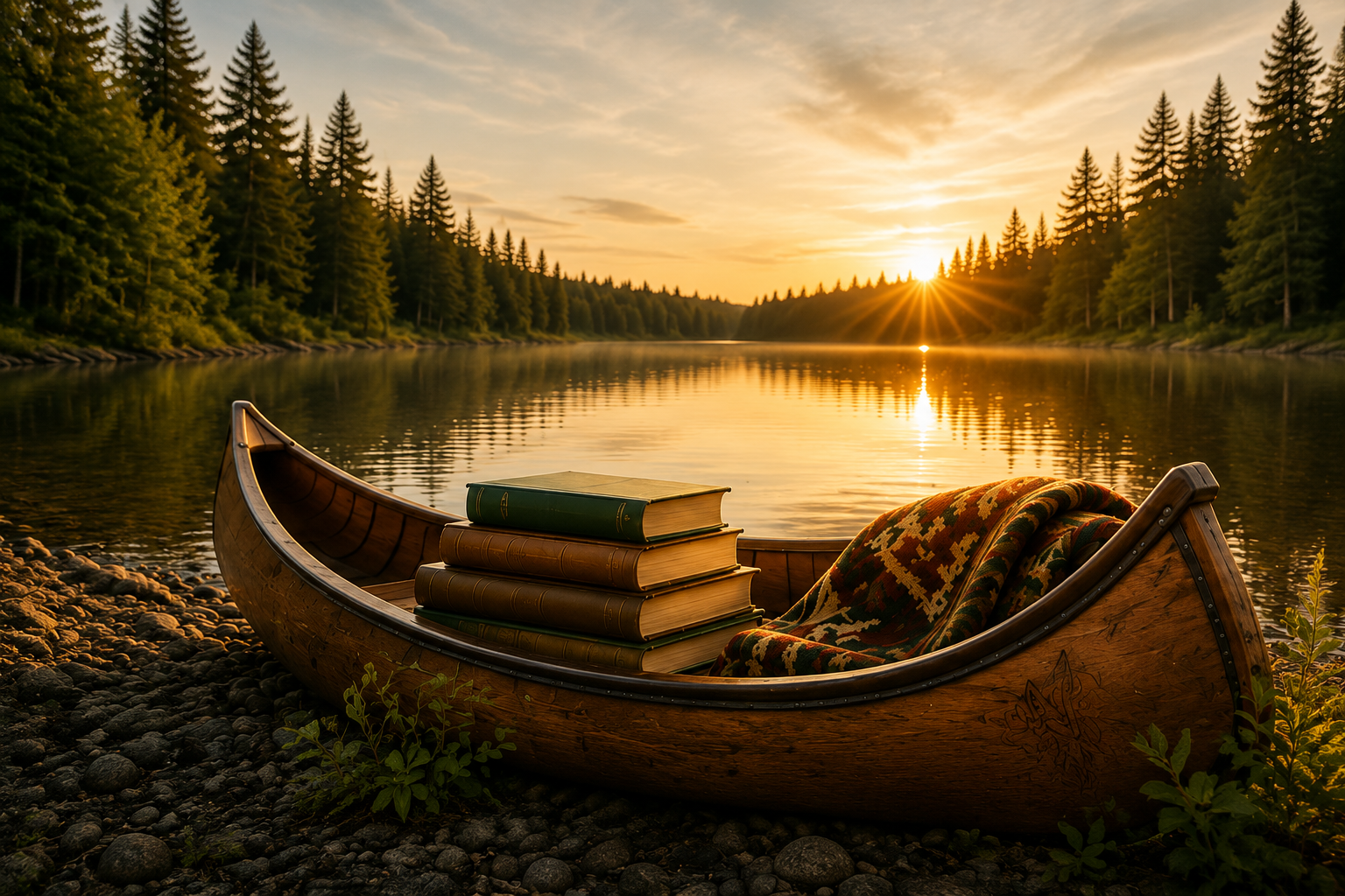 A wooden canoe carrying books and a folded blanket beside a calm Canadian lake at sunset